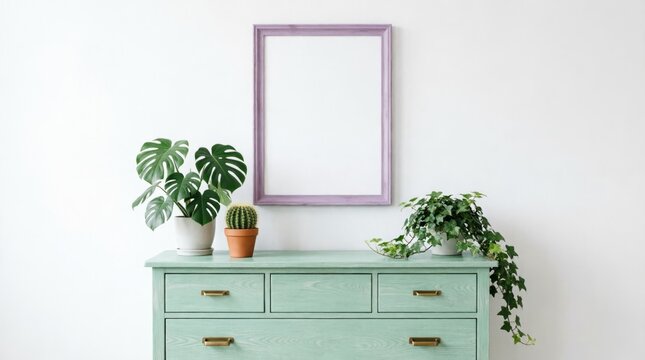 Mint Dresser With Plants And Purple Frame On White Wall For Interior Design
