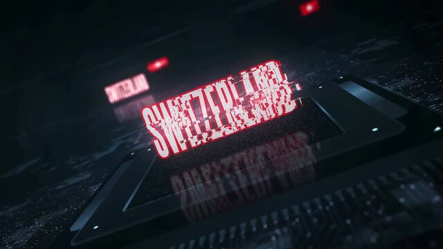 Switzerland flag on computer cpu. Swiss banner digital and cyber technology concept animation with glitch.