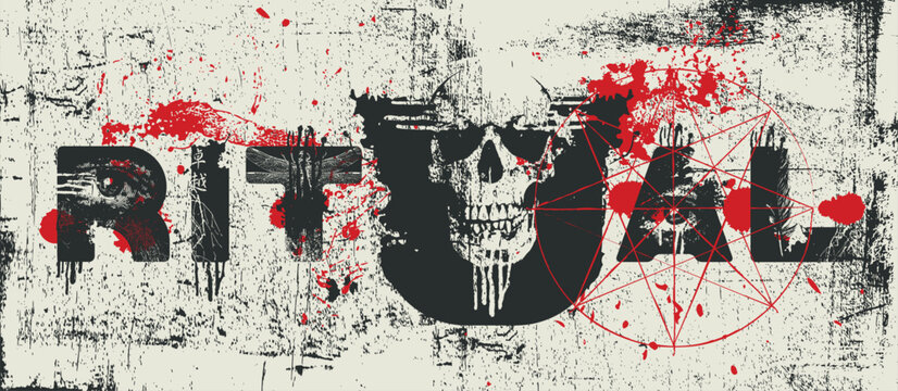 RITUAL word art lettering with skulls, occult symbols, pentagram and distressed grunge textures. Dark horror vector typography for T-shirts, posters, album covers and alternative designs.