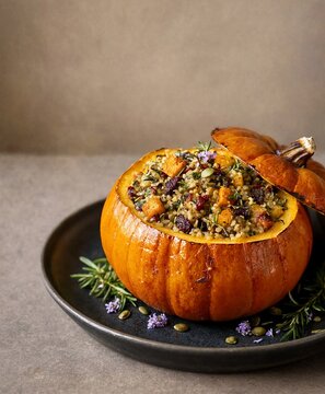 Roasted pumpkin stuffed with quinoa and cranberries on a dark plate
