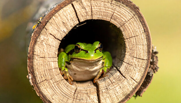 Green tree frog peeking out of a hollow log in the wild nature forest habitat wildlife