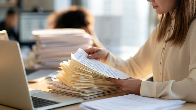 European female auditor checking legal documents while preparing an analysis report medium rear view with hands comparing tabbed contract sections and a reference index laptop