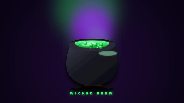 A premium magical Halloween animation featuring a dark iron cauldron boiling a glowing neon green potion, complete with rising steam, popping bubbles, and mystical fire.