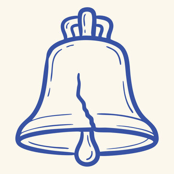 Hand drawn illustration of a cracked bell, blue line art style icon of a damaged bell, vintage style ringing bell symbol, simple graphic design element for notification or alarm