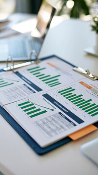 Quarterly business results folder open on a white meeting table four coordinated chart panels comparing revenue and operating profit across reporting periods green growth