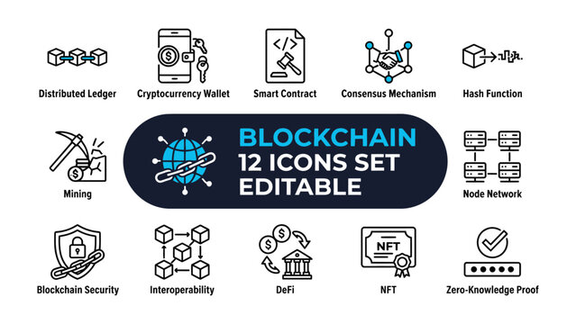Blockchain Icons Set: A collection of 12 editable outline icons representing key concepts and technologies within the blockchain ecosystem, illustrating distributed ledger, crypto wallet.