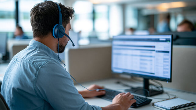 European male telemarketing consultant working at a desktop computer in a contemporary call center rear view showing a headset and hands navigating a sample customer record