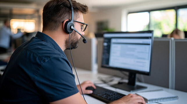 European male telemarketing consultant working at a desktop computer in a contemporary call center rear view showing a headset and hands navigating a sample customer record