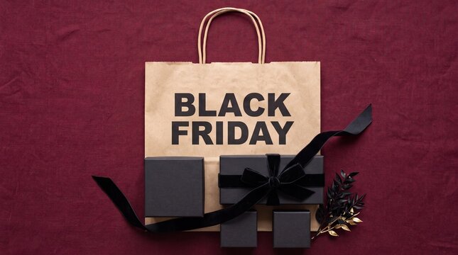 Black Friday shopping bag with black gift boxes on a burgundy background.