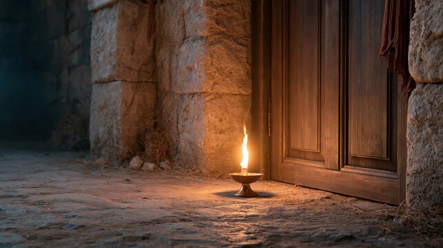 Single oil lamp burning beside a closed wooden door, symbolizing readiness, vigilance, and faithfulness in a biblical setting.