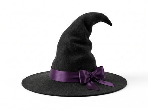 A classic black Halloween witch hat featuring a tall curved pointed crown, wide circular brim, and an elegant dark purple satin ribbon wrapped around its base.