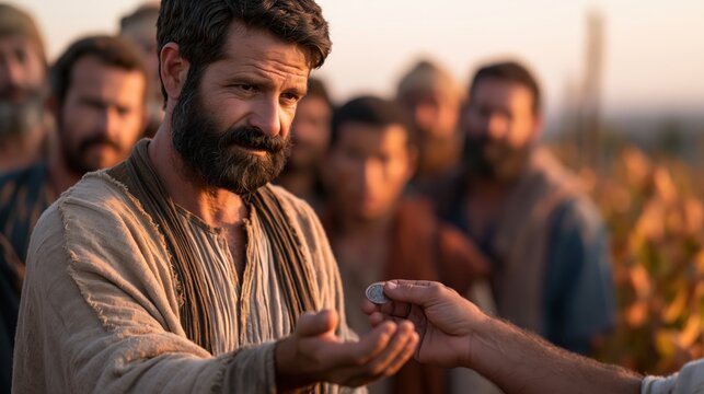 Vineyard owner giving a silver denarius to a weary worker, illustrating unexpected generosity and grace in the parable of the workers in the vineyard.
