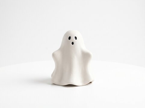 Cute yet spooky Halloween ghost figurine made of smooth matte white ceramic, featuring a flowing wavy sheet-like body, two small black oval eyes, and a tiny surprised mouth.
