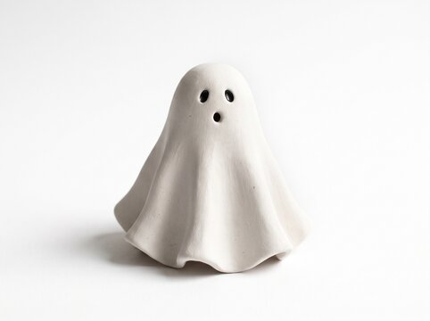 A cute yet spooky Halloween ghost figurine made of smooth matte white ceramic, featuring a flowing wavy sheet-like body, two small black oval eyes, and a tiny surprised mouth.