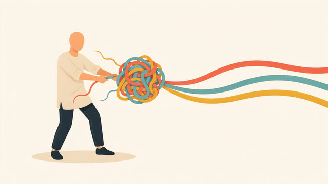 A bald man pulling and untangling a large colorful knot of tangled lines into straight ribbons