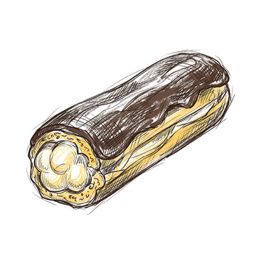 Hand drawn sketch of a chocolate eclair with cream filling