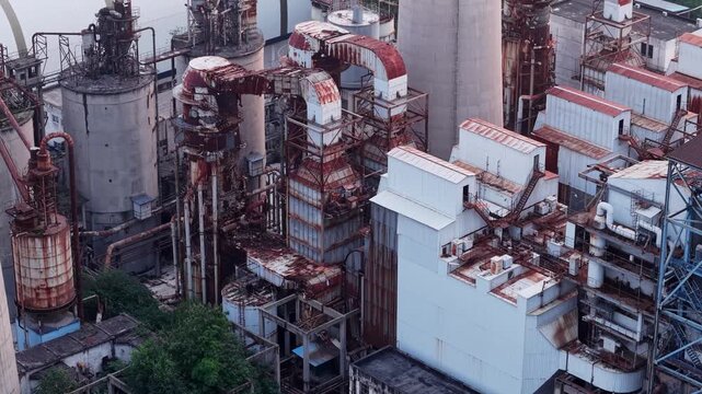 aerial view of old rusted and abandoned industrial plant