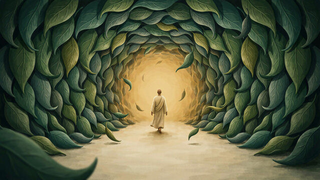 A lone person walking through a tunnel made of large green leaves towards a bright golden light