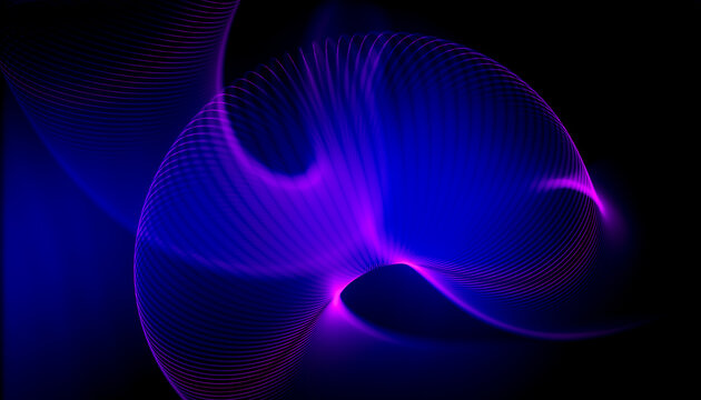 3D purple ribbon grid shaping a digital data vortex for science and technology background