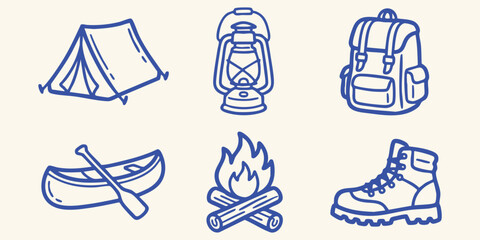 Set of camping and hiking icons including a tent, lantern, backpack, canoe, campfire, and hiking boot, handdrawn style vector illustration for outdoor adventure and travel themes © Ishtiaq