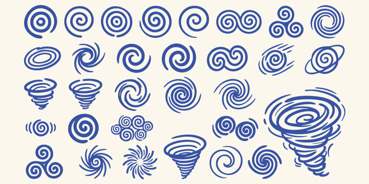 Set of handdrawn spiral and swirl elements, collection of doodle vortex and tornado shapes for design