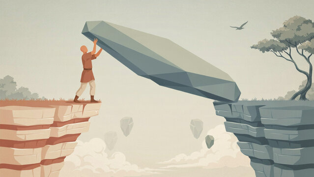 A man in simple clothing pushing a large stone block to bridge a gap between two rocky cliff edges