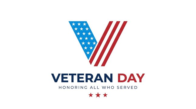 Veteran day logo design with american flag pattern inside the letter v, honoring all who served, isolated on white background
