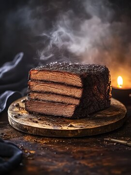 Sliced, smoked beef roast resting on a wooden board.