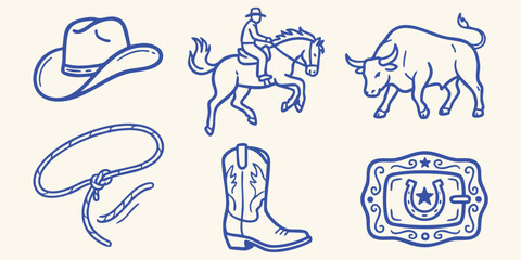 Fototapeta premium Set of western cowboy icons including a hat, a rider on a horse, a bull, a lasso rope, a leather boot, and a decorative belt buckle with a horseshoe and star