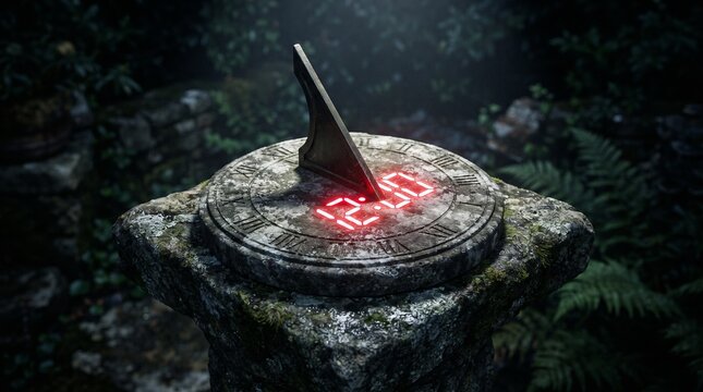 A classic stone sundial where the cast shadow forms bright glowing digital clock numbers representing the evolution of timekeeping technology.