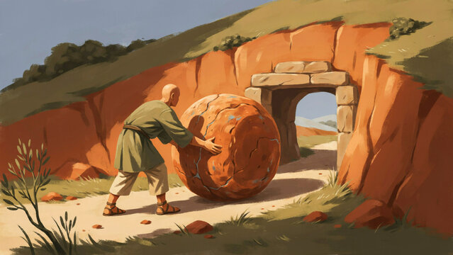 A person in a tunic pushing a large round stone door to open a tomb in a rocky landscape