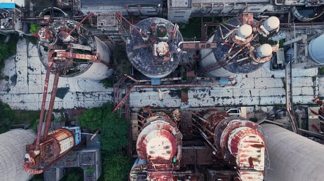 aerial view of old rusted and abandoned industrial plant