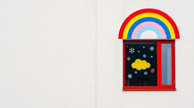 Red window with rainbow arch and winter decorations on a white building wall with various winter themed cold