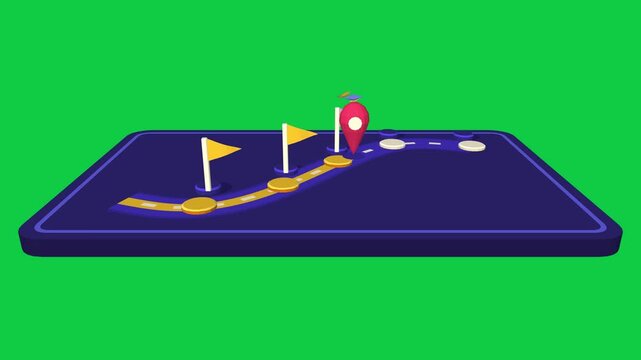 Roadmap and goals 3D animation on green screen, milestone flags rise one by one along a winding path to a target pin, project planning looping motion graphic 4K