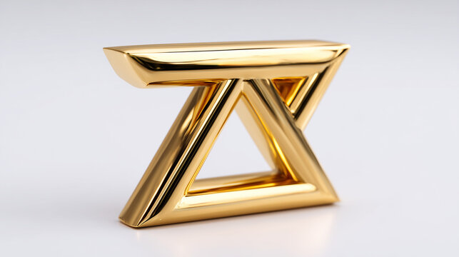 A shiny gold geometric sculpture featuring interlocking shapes and smooth surfaces.