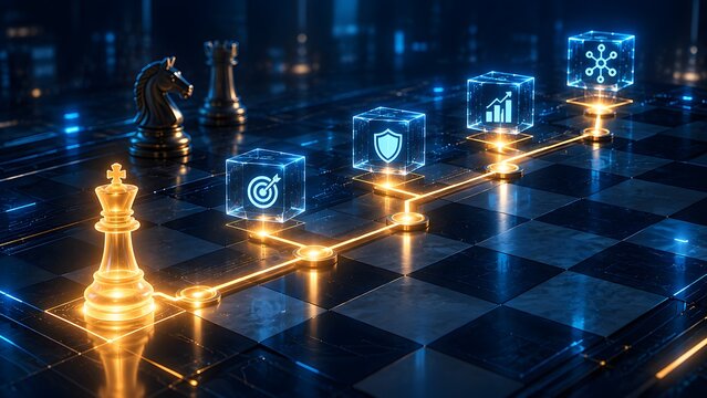 Glowing glass chess king on a digital board with a connected path to holographic cubes representing a technological roadmap and strategic business planning