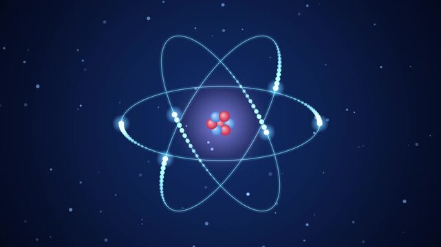 Atom model with glowing electrons orbiting nucleus, physics science 2D animation loop