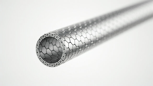 Close up of a metallic carbon nanotube structure with hexagonal patterns on a light gray background