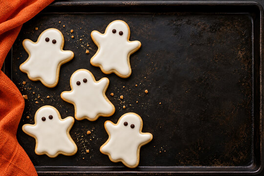 Ghost shaped cookies on a black baking sheet