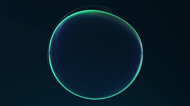 Translucent green and cyan sphere with flowing mesh waves and a glowing rim. Abstract loop on a dark blue background.