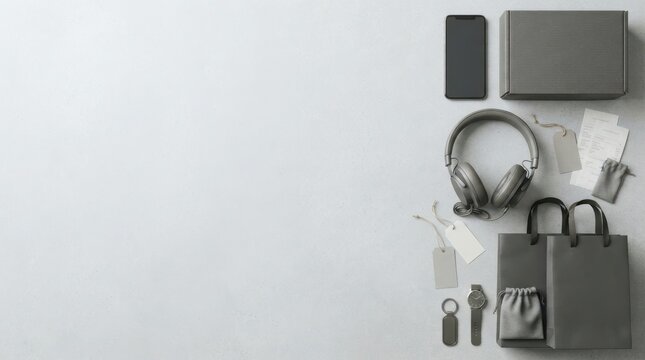 Flat lay of modern consumer electronics and retail accessories on a light gray concrete surface