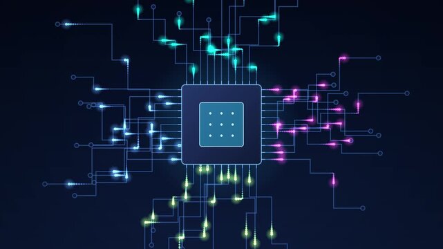 Microchip with glowing data pulses flowing along circuit board traces, technology 2D animation loop
