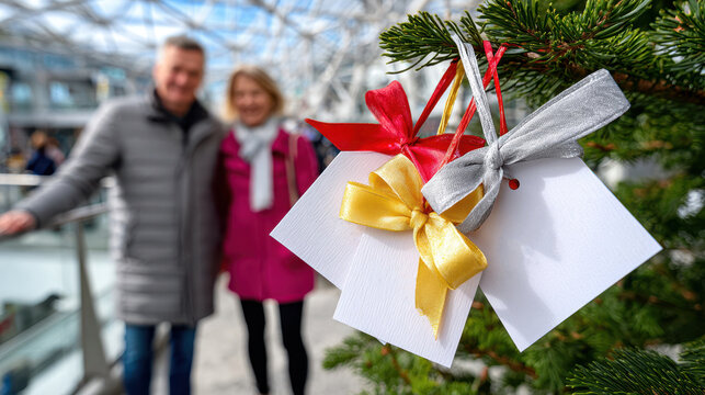 Christmas tree charity tags with festive ribbons hanging on a pine branch for holiday fundraiser