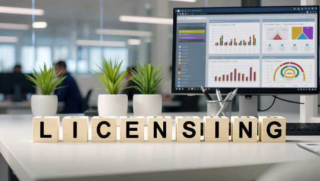 Software licensing analytics desk with LICENSING blocks for license inventory, usage monitoring, contract control, compliance audit and access management.
