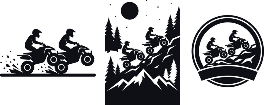 All terrain vehicle quad bike silhouette vector illustration set featuring extreme offroad outdoor adventure mountain scenes