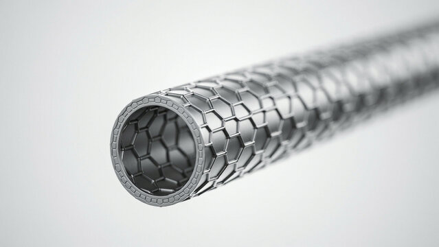 Macro view of a carbon nanotube cylinder with a repeating hexagonal pattern on a gray background