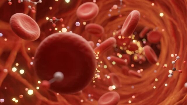 Microscopic 3D Animation of Red Blood Cells Absorbing Oxygen and Energy Particles in Bloodstream