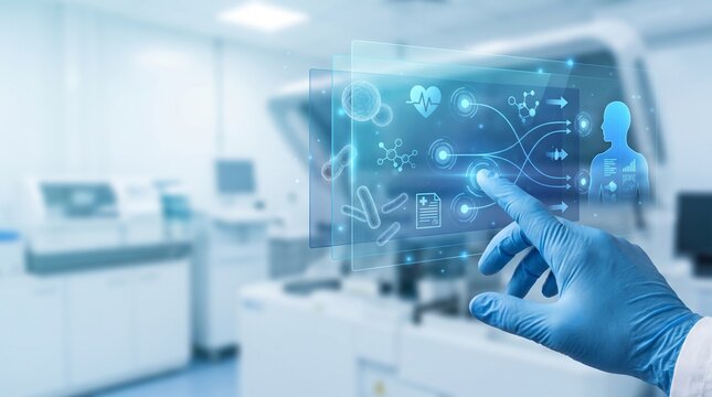 Medical expert touching multi-layered virtual UI connecting cell research to human body anatomy
