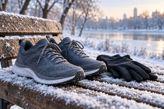 Running shoes and gloves on a snowy bench
