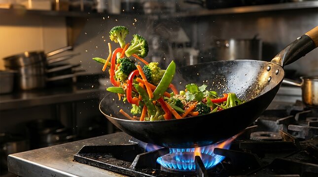 Fresh vegetables stir fry cooking in a hot metal wok over a blue gas flame in a restaurant kitchen. Wok cooking tips